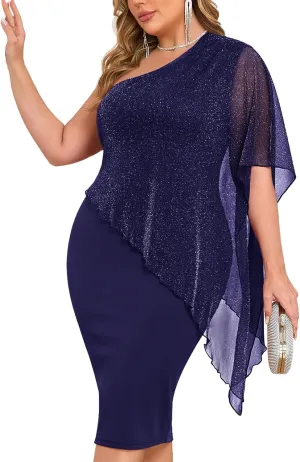 ZOMVA Plus Size One Shoulder Cape Dress Sparkly Overlay Bodycon Midi Wedding Guest Formal Cocktail Mother of Bride Outfit