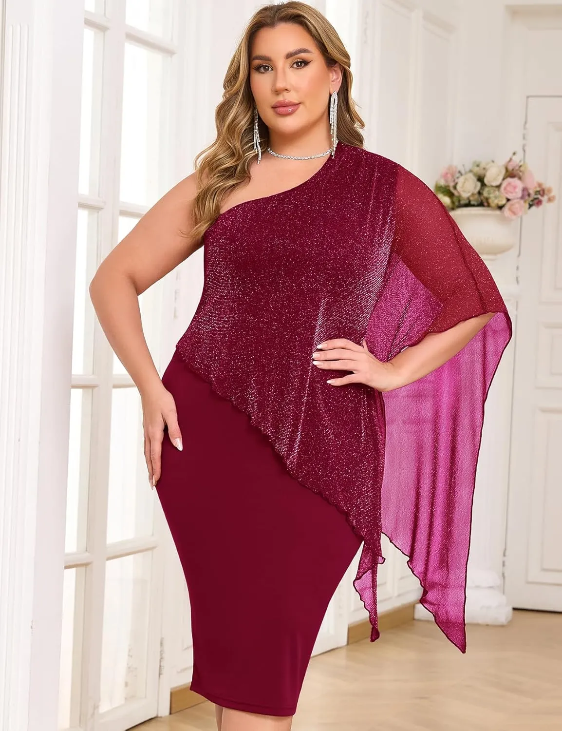 ZOMVA Plus Size One Shoulder Cape Dress Sparkly Overlay Bodycon Midi Wedding Guest Formal Cocktail Mother of Bride Outfit