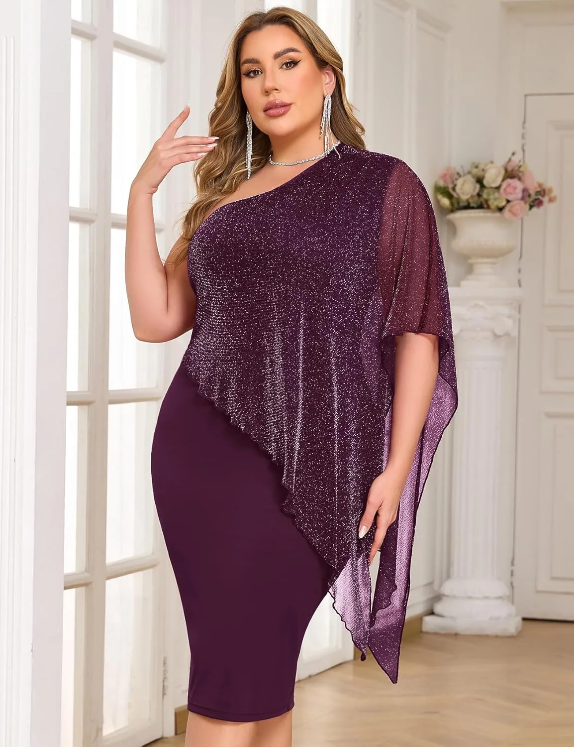 ZOMVA Plus Size One Shoulder Cape Dress Sparkly Overlay Bodycon Midi Wedding Guest Formal Cocktail Mother of Bride Outfit