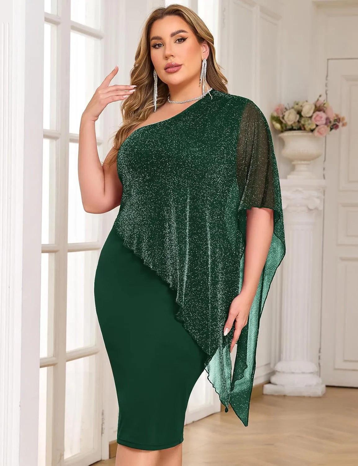 ZOMVA Plus Size One Shoulder Cape Dress Sparkly Overlay Bodycon Midi Wedding Guest Formal Cocktail Mother of Bride Outfit