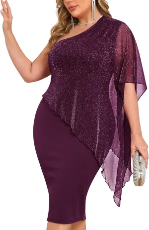 ZOMVA Plus Size One Shoulder Cape Dress Sparkly Overlay Bodycon Midi Wedding Guest Formal Cocktail Mother of Bride Outfit