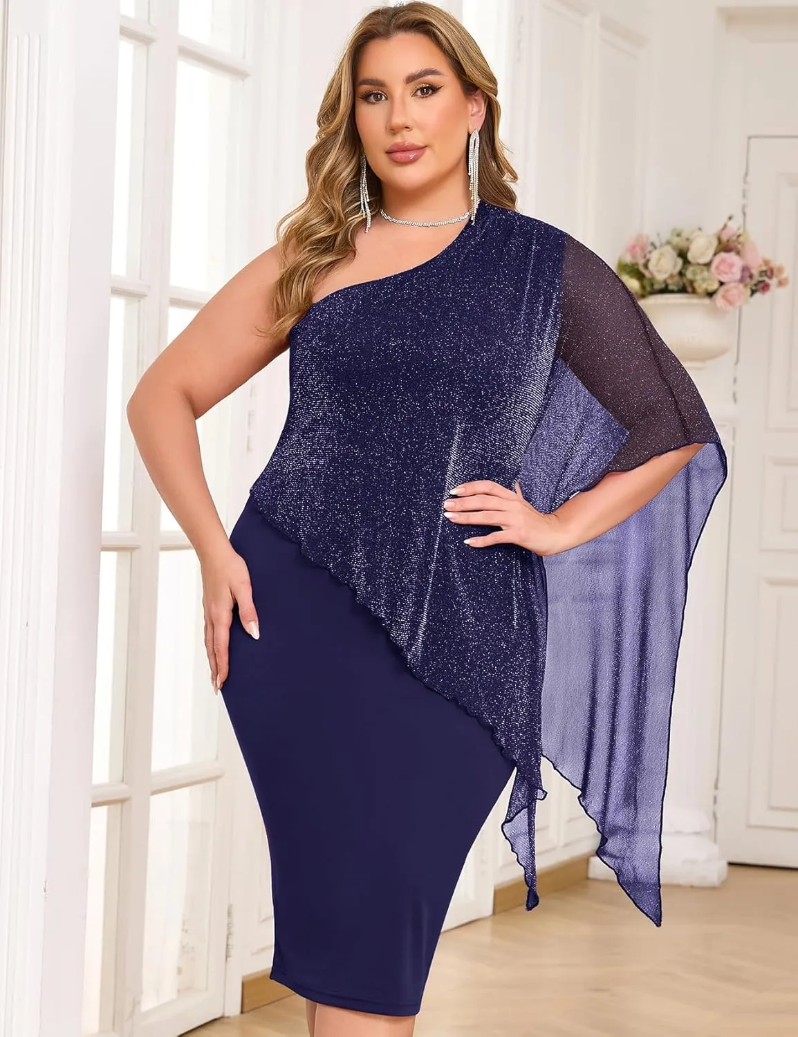 ZOMVA Plus Size One Shoulder Cape Dress Sparkly Overlay Bodycon Midi Wedding Guest Formal Cocktail Mother of Bride Outfit
