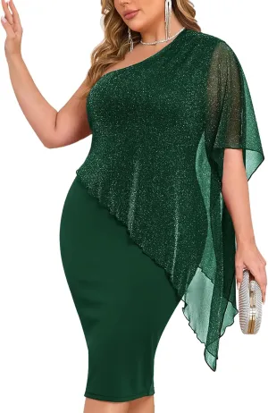 ZOMVA Plus Size One Shoulder Cape Dress Sparkly Overlay Bodycon Midi Wedding Guest Formal Cocktail Mother of Bride Outfit