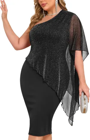 ZOMVA Plus Size One Shoulder Cape Dress Sparkly Overlay Bodycon Midi Wedding Guest Formal Cocktail Mother of Bride Outfit