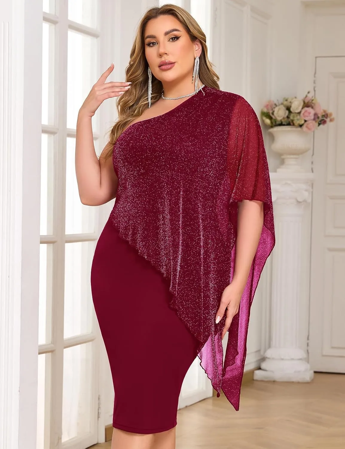 ZOMVA Plus Size One Shoulder Cape Dress Sparkly Overlay Bodycon Midi Wedding Guest Formal Cocktail Mother of Bride Outfit