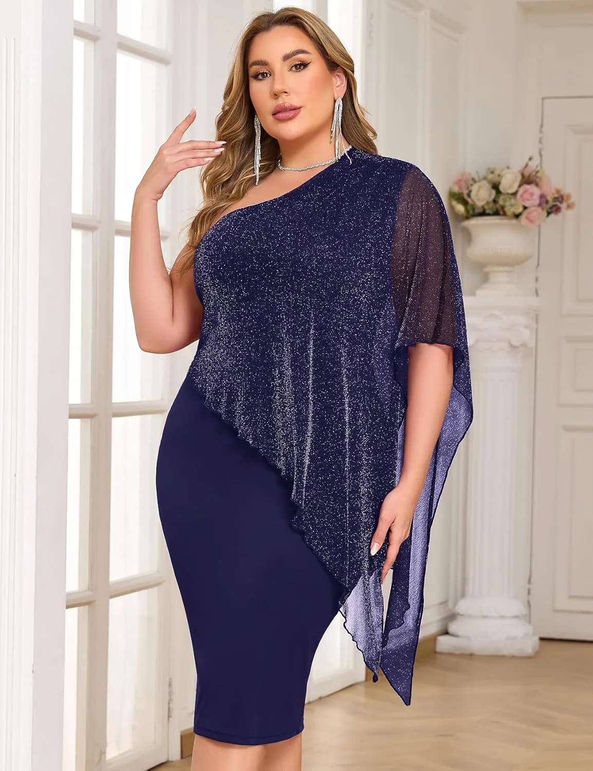 ZOMVA Plus Size One Shoulder Cape Dress Sparkly Overlay Bodycon Midi Wedding Guest Formal Cocktail Mother of Bride Outfit