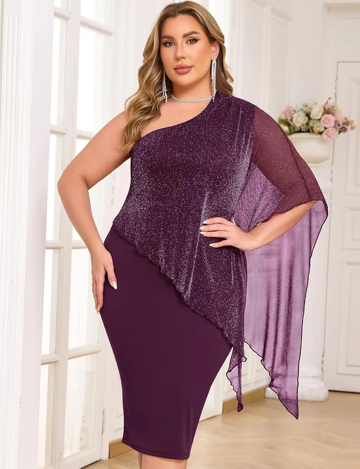 ZOMVA Plus Size One Shoulder Cape Dress Sparkly Overlay Bodycon Midi Wedding Guest Formal Cocktail Mother of Bride Outfit