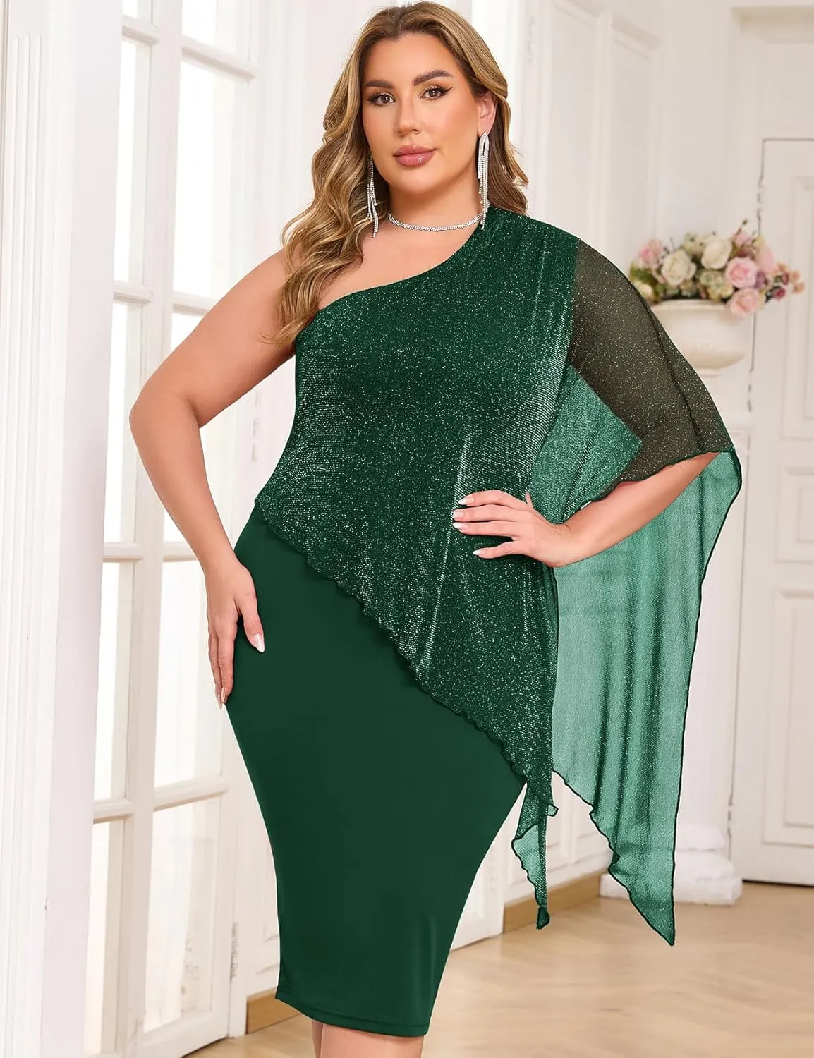 ZOMVA Plus Size One Shoulder Cape Dress Sparkly Overlay Bodycon Midi Wedding Guest Formal Cocktail Mother of Bride Outfit