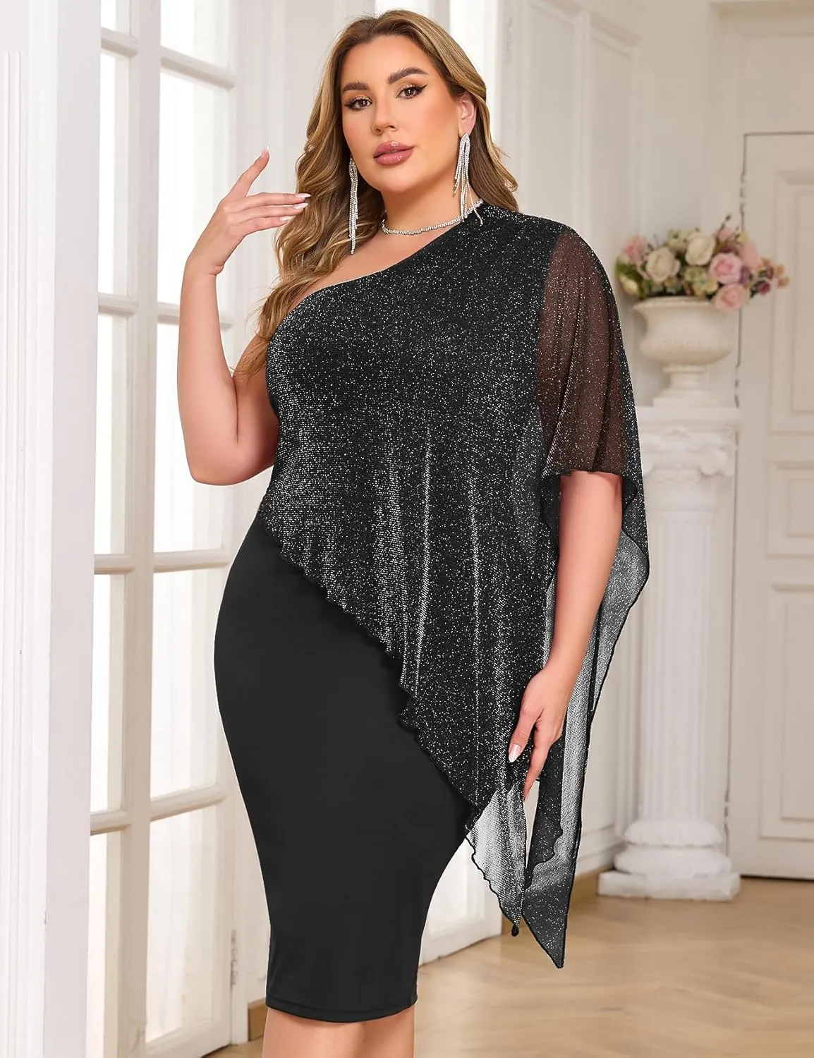 ZOMVA Plus Size One Shoulder Cape Dress Sparkly Overlay Bodycon Midi Wedding Guest Formal Cocktail Mother of Bride Outfit