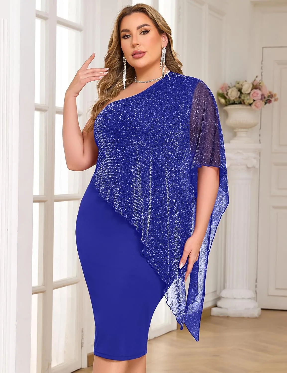 ZOMVA Plus Size One Shoulder Cape Dress Sparkly Overlay Bodycon Midi Wedding Guest Formal Cocktail Mother of Bride Outfit