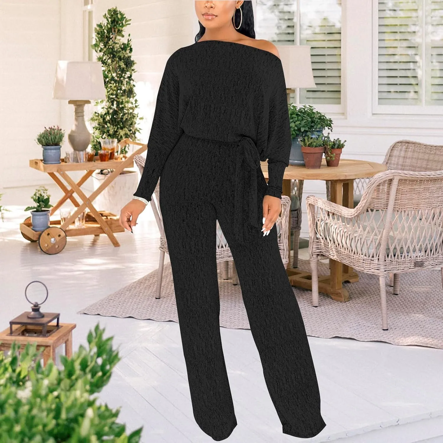 ZonJie Jumpsuits for Women Elegant Sexy Sparkly Sequin Off Shoulder Pants Long Sleeves Wide Leg Clubwear Rompers