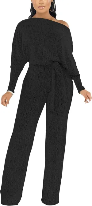 ZonJie Jumpsuits for Women Elegant Sexy Sparkly Sequin Off Shoulder Pants Long Sleeves Wide Leg Clubwear Rompers