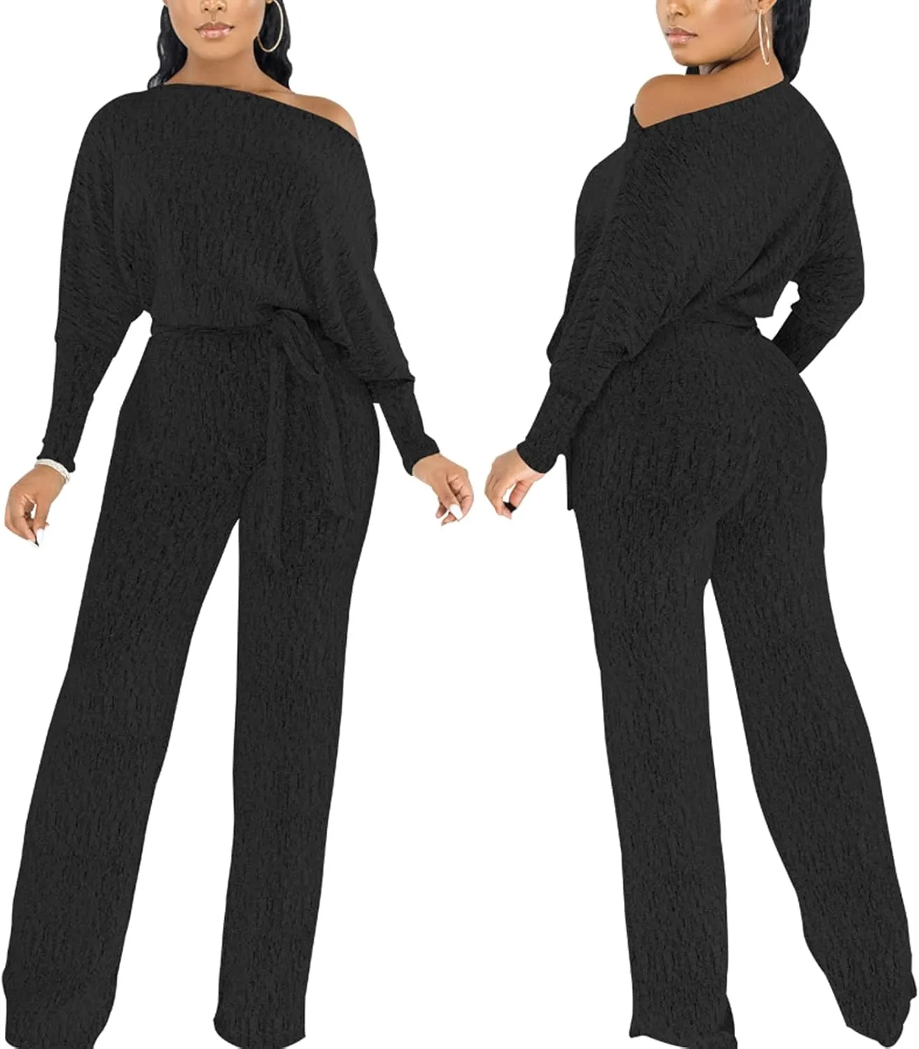 ZonJie Jumpsuits for Women Elegant Sexy Sparkly Sequin Off Shoulder Pants Long Sleeves Wide Leg Clubwear Rompers