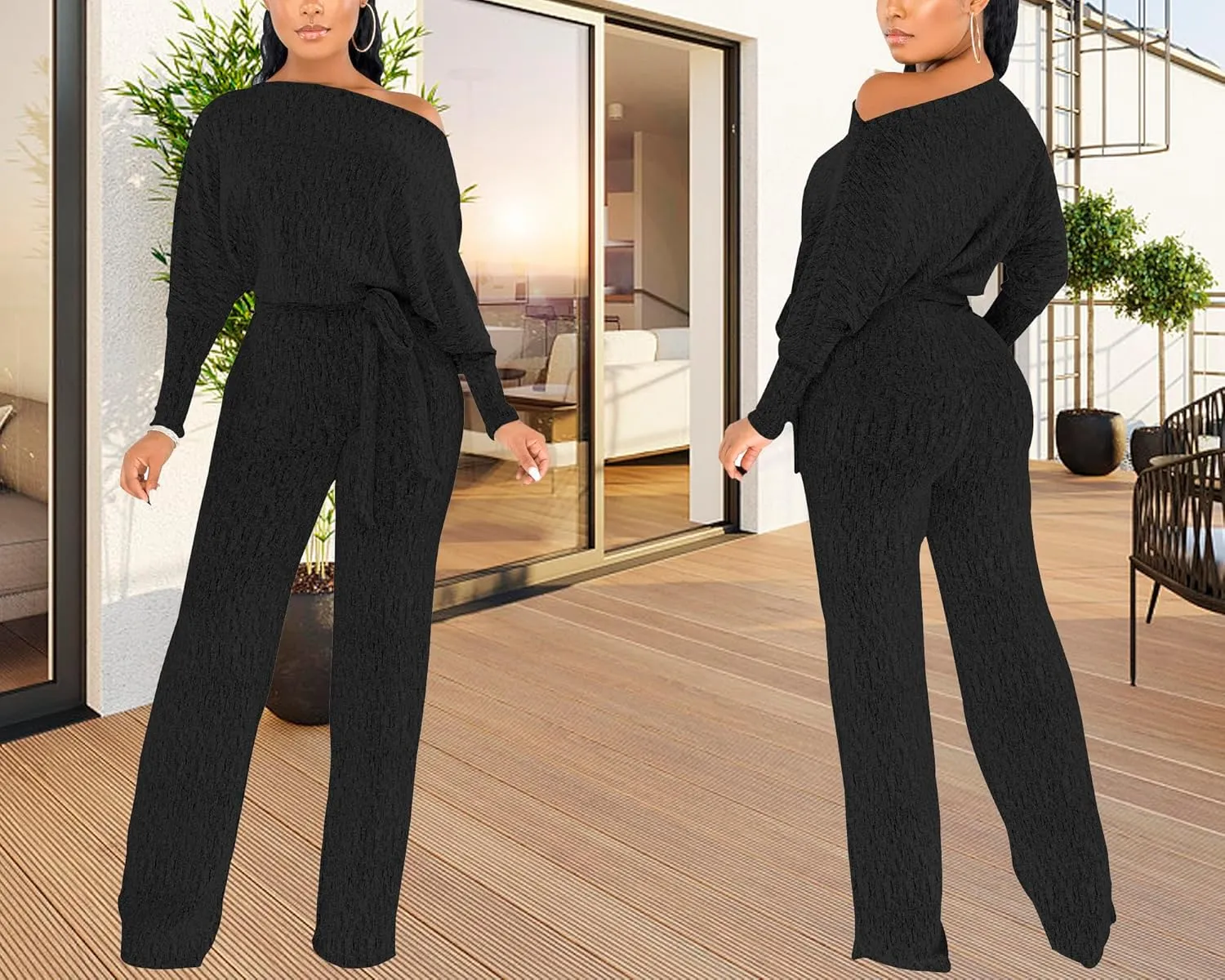 ZonJie Jumpsuits for Women Elegant Sexy Sparkly Sequin Off Shoulder Pants Long Sleeves Wide Leg Clubwear Rompers