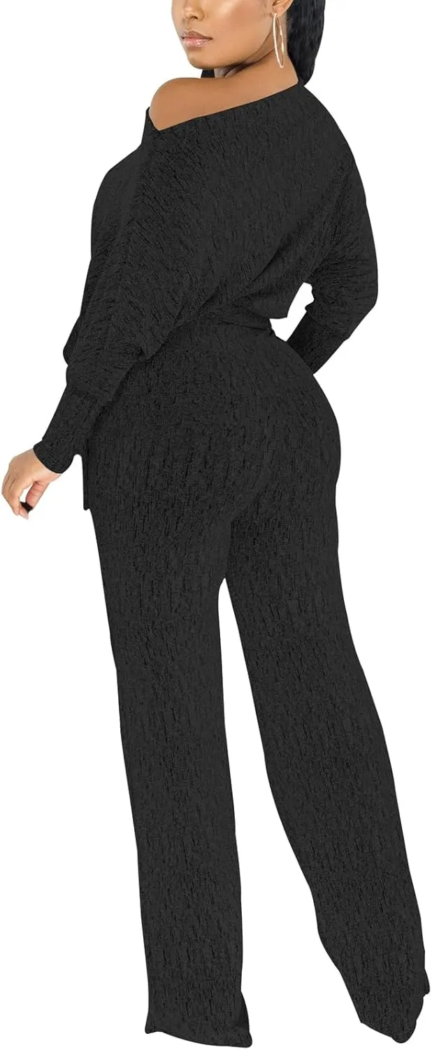 ZonJie Jumpsuits for Women Elegant Sexy Sparkly Sequin Off Shoulder Pants Long Sleeves Wide Leg Clubwear Rompers
