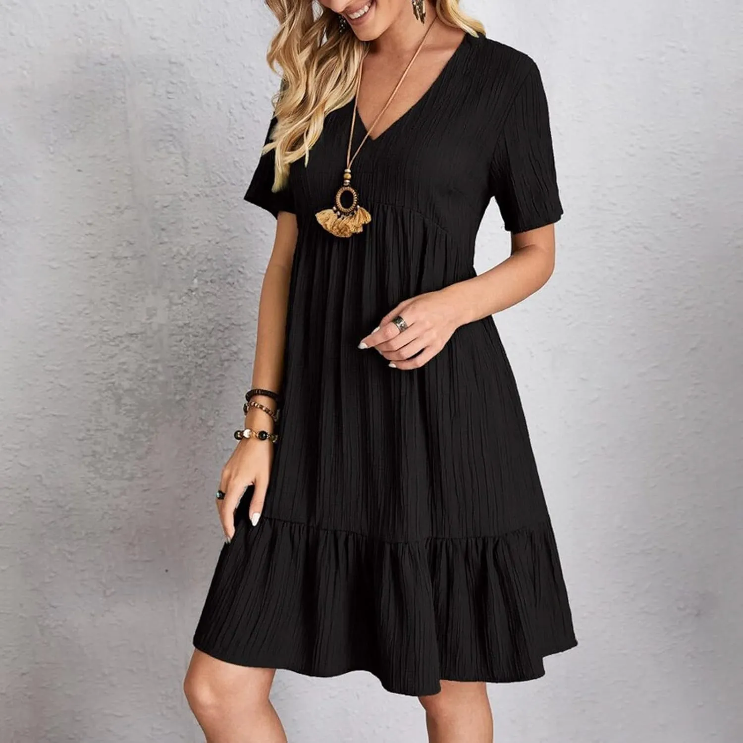 ZYXTIM Women's Casual T Shirt Dress Summer Spring V Neck Short Sleeve Sundress Solid Color Pleated Flowy Swing Shift Dresses