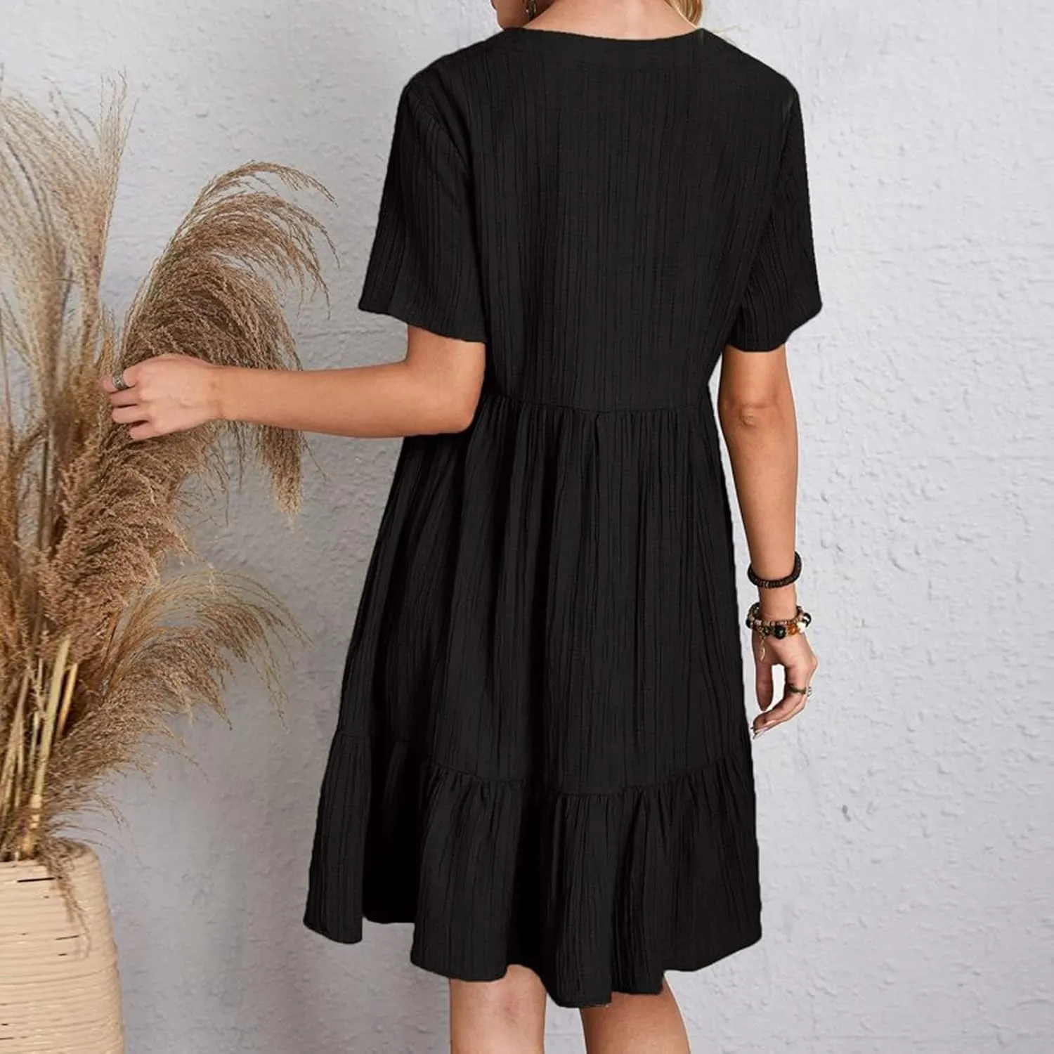 ZYXTIM Women's Casual T Shirt Dress Summer Spring V Neck Short Sleeve Sundress Solid Color Pleated Flowy Swing Shift Dresses