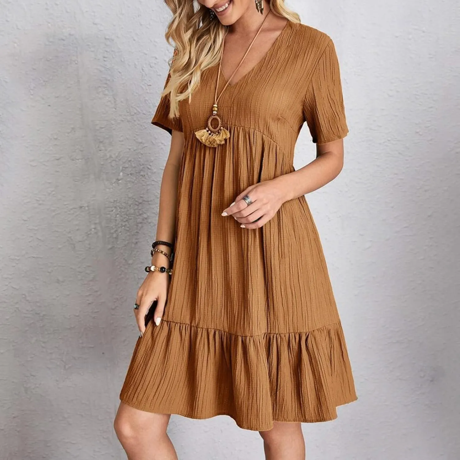 ZYXTIM Women's Casual T Shirt Dress Summer Spring V Neck Short Sleeve Sundress Solid Color Pleated Flowy Swing Shift Dresses
