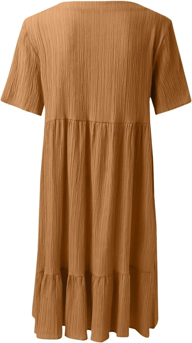 ZYXTIM Women's Casual T Shirt Dress Summer Spring V Neck Short Sleeve Sundress Solid Color Pleated Flowy Swing Shift Dresses