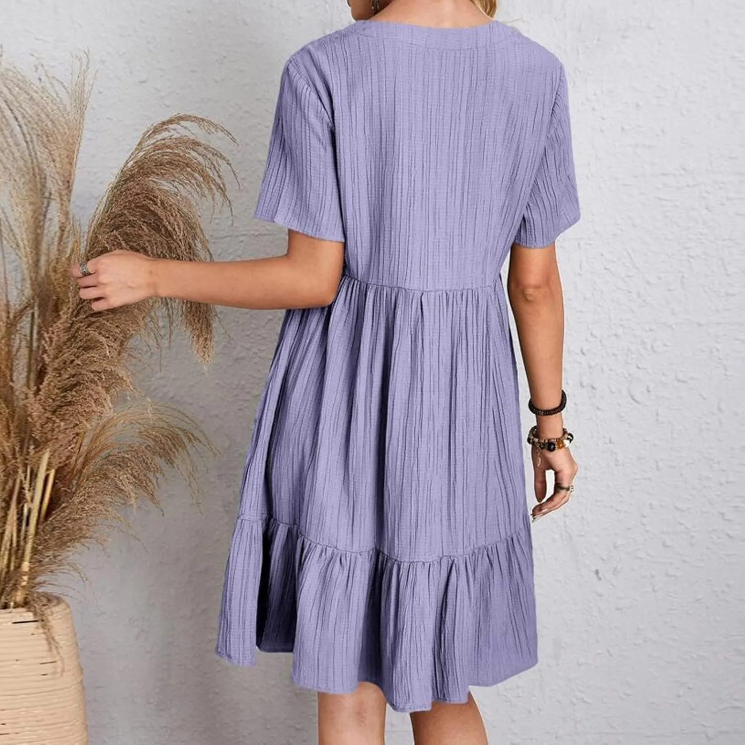ZYXTIM Women's Casual T Shirt Dress Summer Spring V Neck Short Sleeve Sundress Solid Color Pleated Flowy Swing Shift Dresses