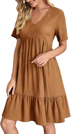 ZYXTIM Women's Casual T Shirt Dress Summer Spring V Neck Short Sleeve Sundress Solid Color Pleated Flowy Swing Shift Dresses