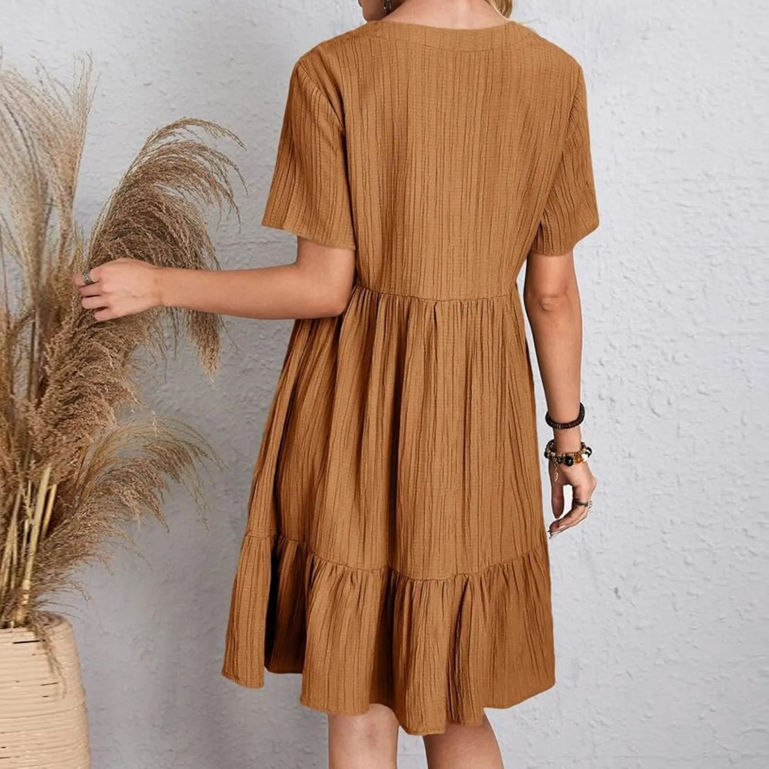ZYXTIM Women's Casual T Shirt Dress Summer Spring V Neck Short Sleeve Sundress Solid Color Pleated Flowy Swing Shift Dresses