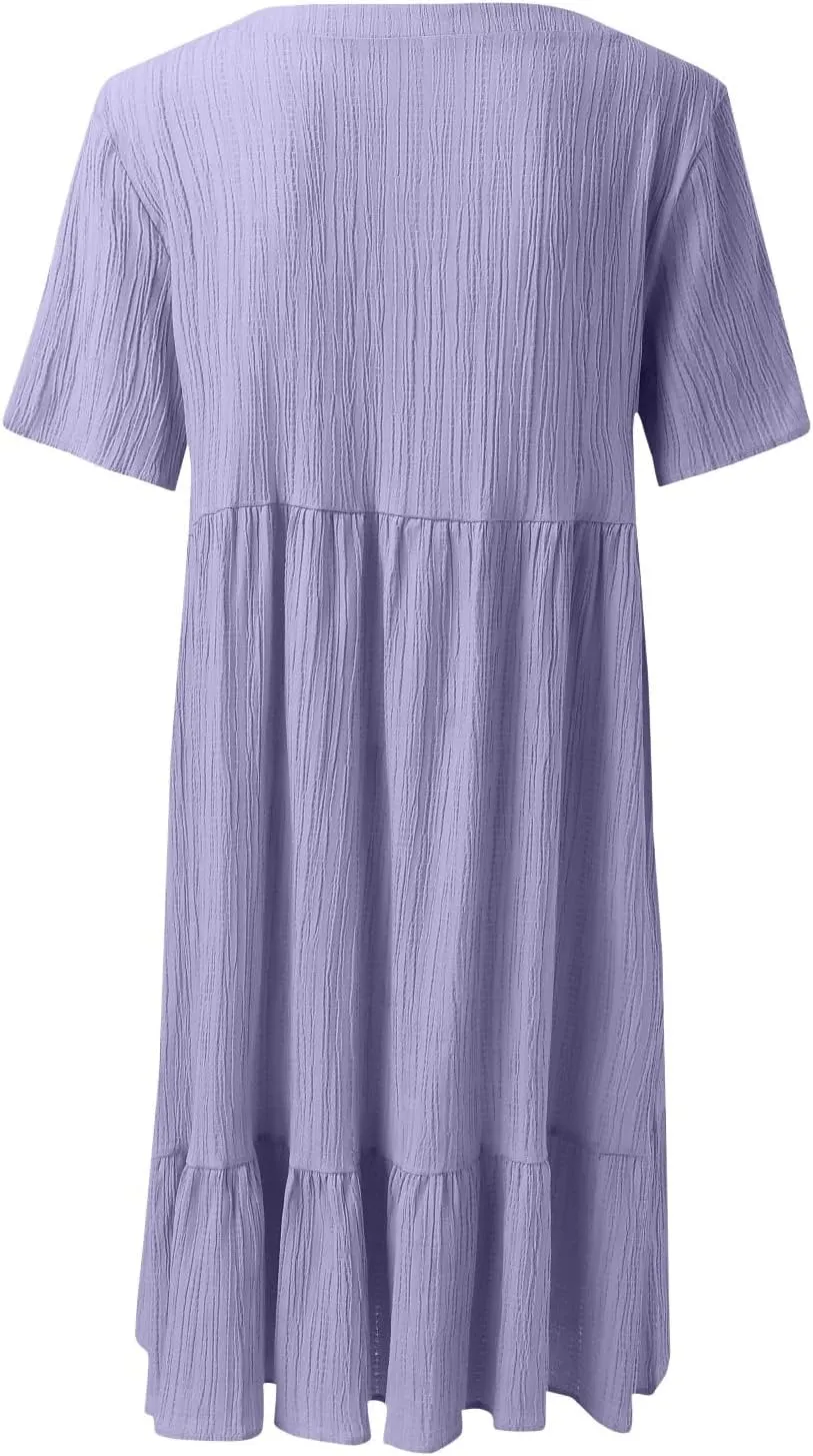 ZYXTIM Women's Casual T Shirt Dress Summer Spring V Neck Short Sleeve Sundress Solid Color Pleated Flowy Swing Shift Dresses
