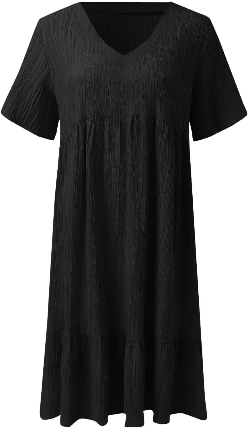 ZYXTIM Women's Casual T Shirt Dress Summer Spring V Neck Short Sleeve Sundress Solid Color Pleated Flowy Swing Shift Dresses