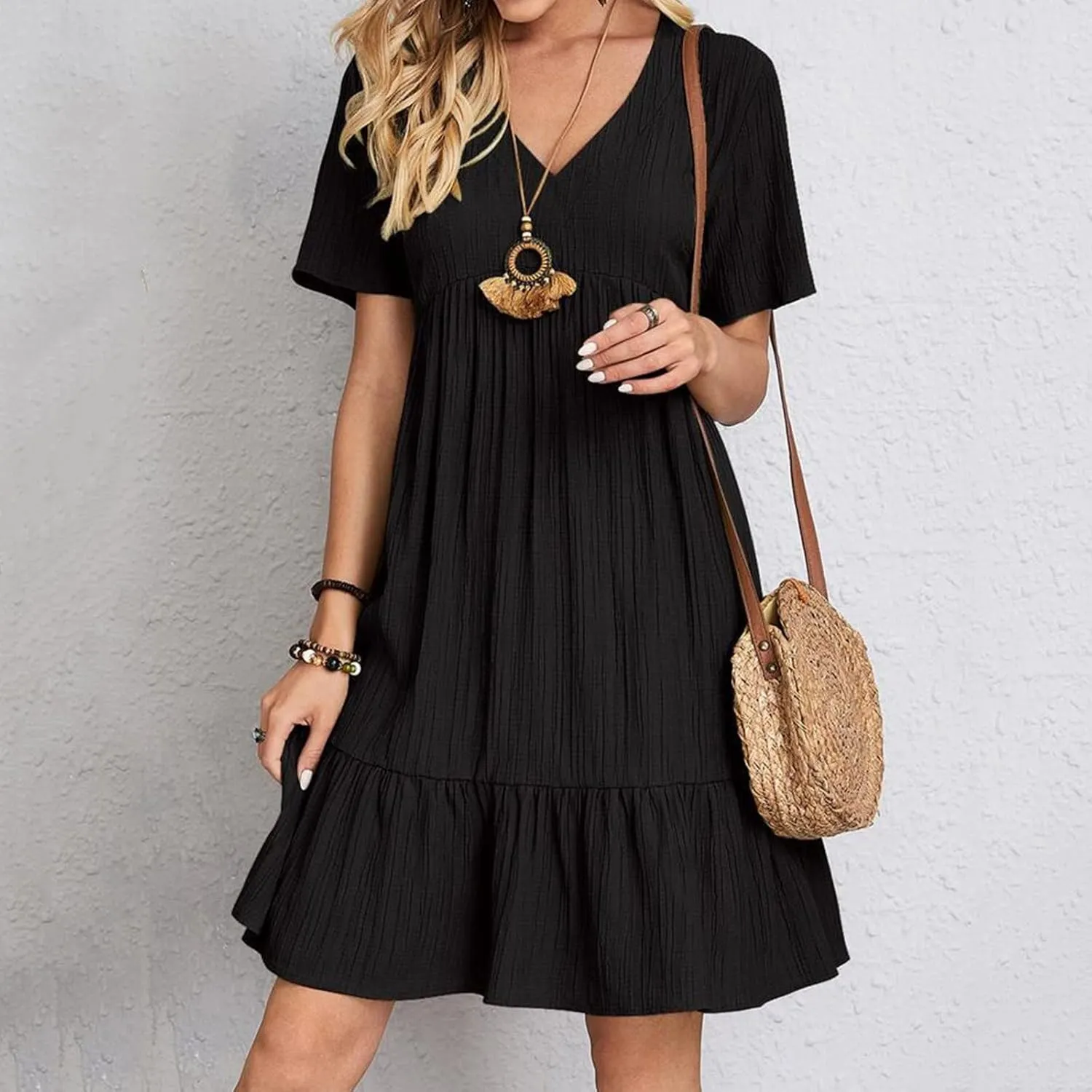 ZYXTIM Women's Casual T Shirt Dress Summer Spring V Neck Short Sleeve Sundress Solid Color Pleated Flowy Swing Shift Dresses