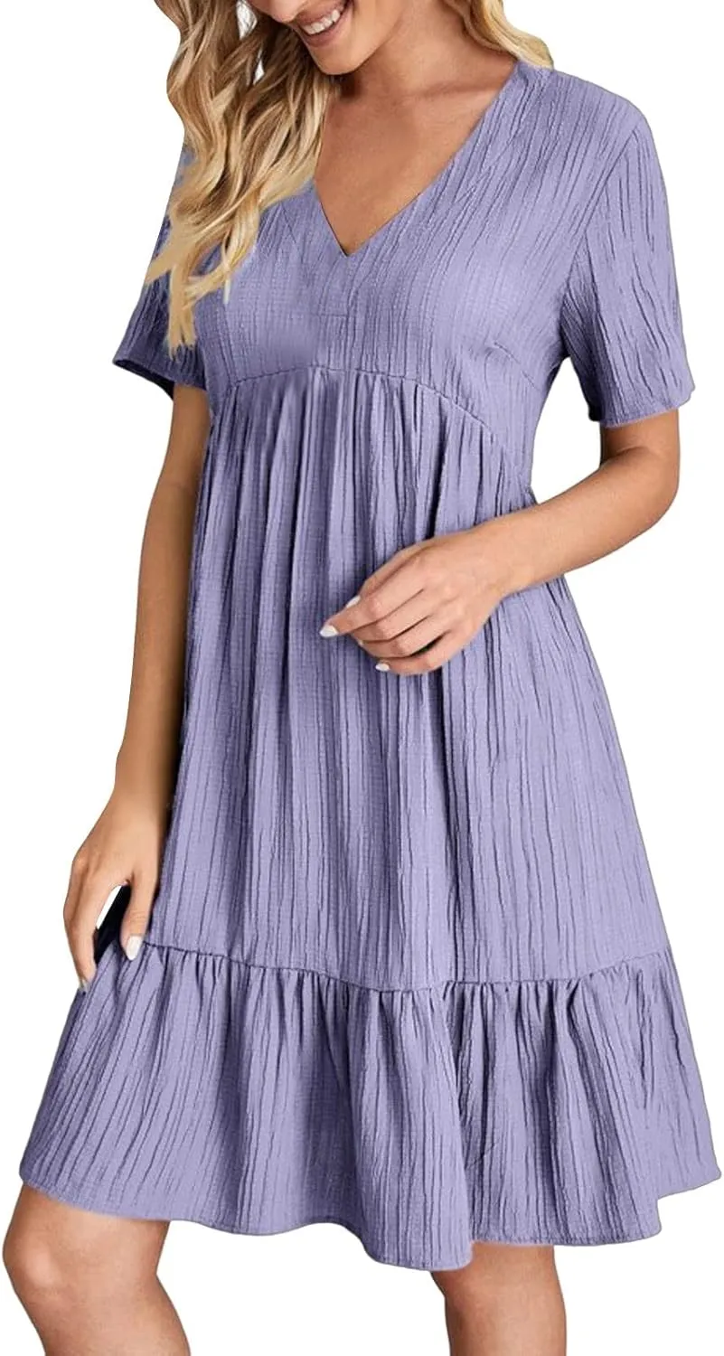 ZYXTIM Women's Casual T Shirt Dress Summer Spring V Neck Short Sleeve Sundress Solid Color Pleated Flowy Swing Shift Dresses