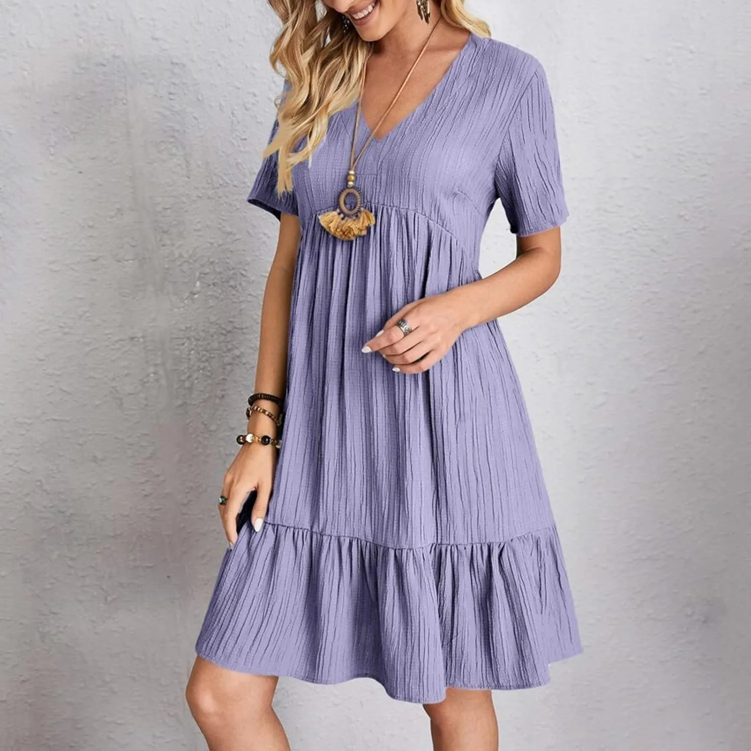 ZYXTIM Women's Casual T Shirt Dress Summer Spring V Neck Short Sleeve Sundress Solid Color Pleated Flowy Swing Shift Dresses