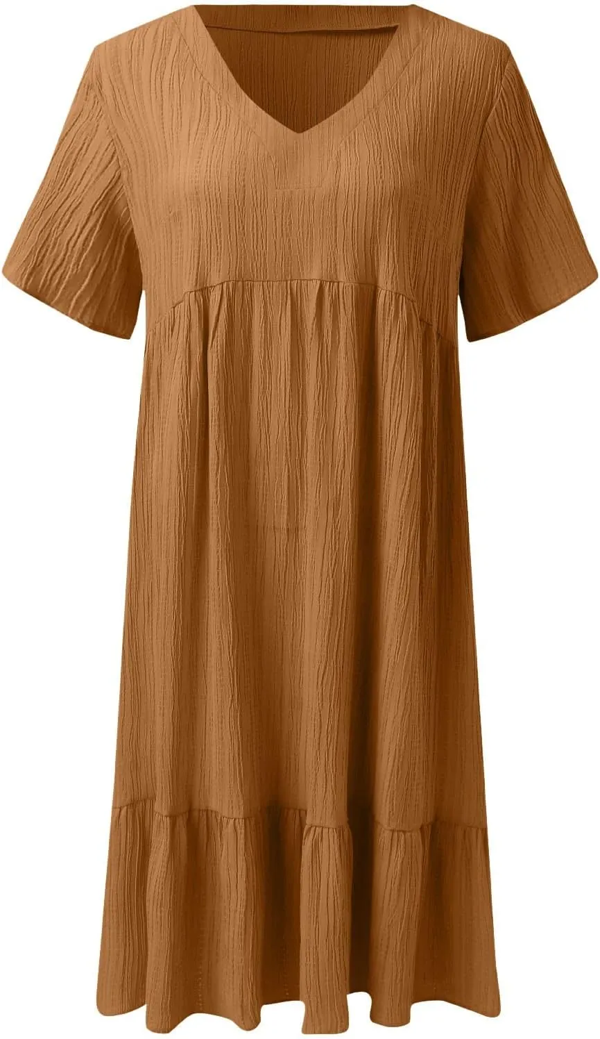 ZYXTIM Women's Casual T Shirt Dress Summer Spring V Neck Short Sleeve Sundress Solid Color Pleated Flowy Swing Shift Dresses