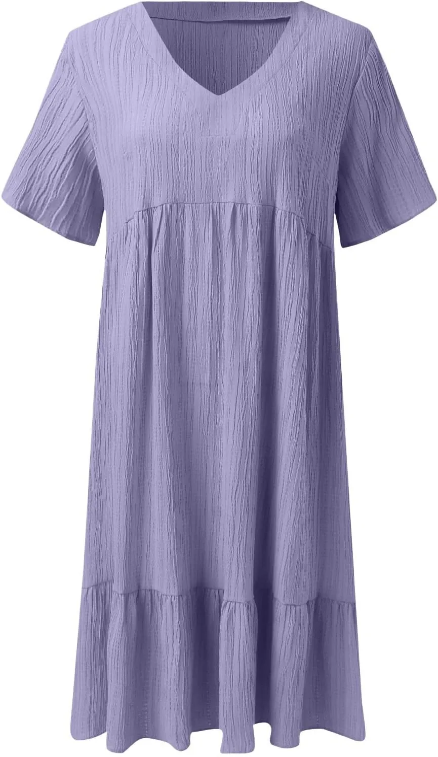 ZYXTIM Women's Casual T Shirt Dress Summer Spring V Neck Short Sleeve Sundress Solid Color Pleated Flowy Swing Shift Dresses