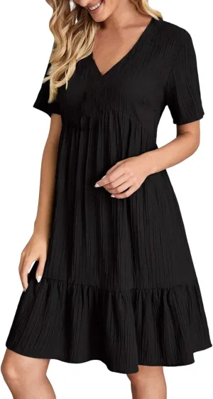 ZYXTIM Women's Casual T Shirt Dress Summer Spring V Neck Short Sleeve Sundress Solid Color Pleated Flowy Swing Shift Dresses